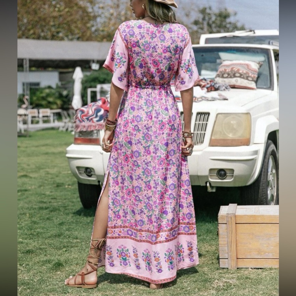 Boho floral print slit thigh drawstring waist maxi dress - Picture 3 of 6